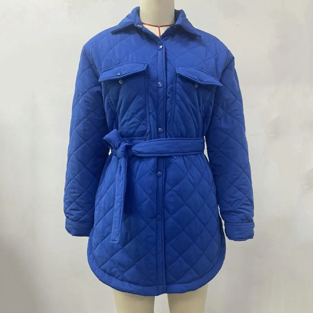 Women Down Coat Solid Color Lapel Padded Belt Cardigan Keep Wram Single-breasted Flap Pocket Autumn Coat for Outdoor