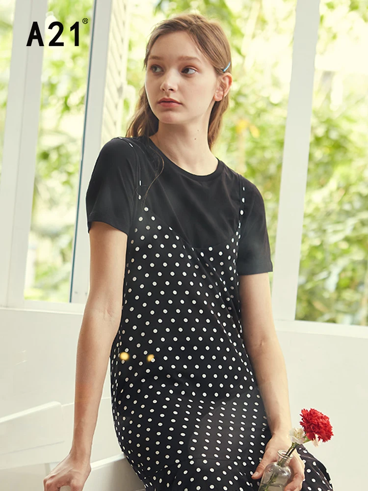 

A21 Summer Black Dot Dresses for Women 2022 Female Casual Simple Two Pieces Clothes Chic and Elegant Loose Waist Straight Dress