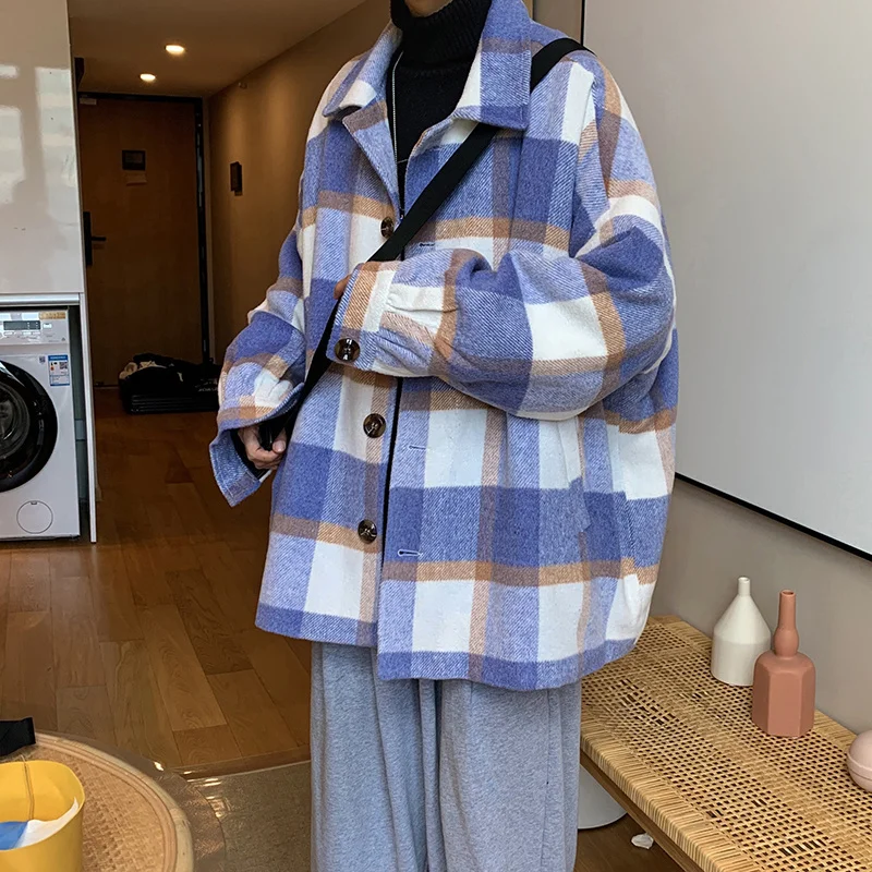 

Coat Warm Winter Men Thick Fashion Woolen Casual Plaid Woolen Coat Men Korean Loose Medium Long Woolen Jacket Mens Overcoat