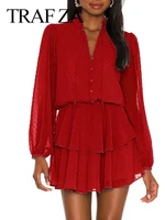 traf za women solid red chiffon dress puff long sleeve half open collar lace pullover button elastic waist layered short dress
