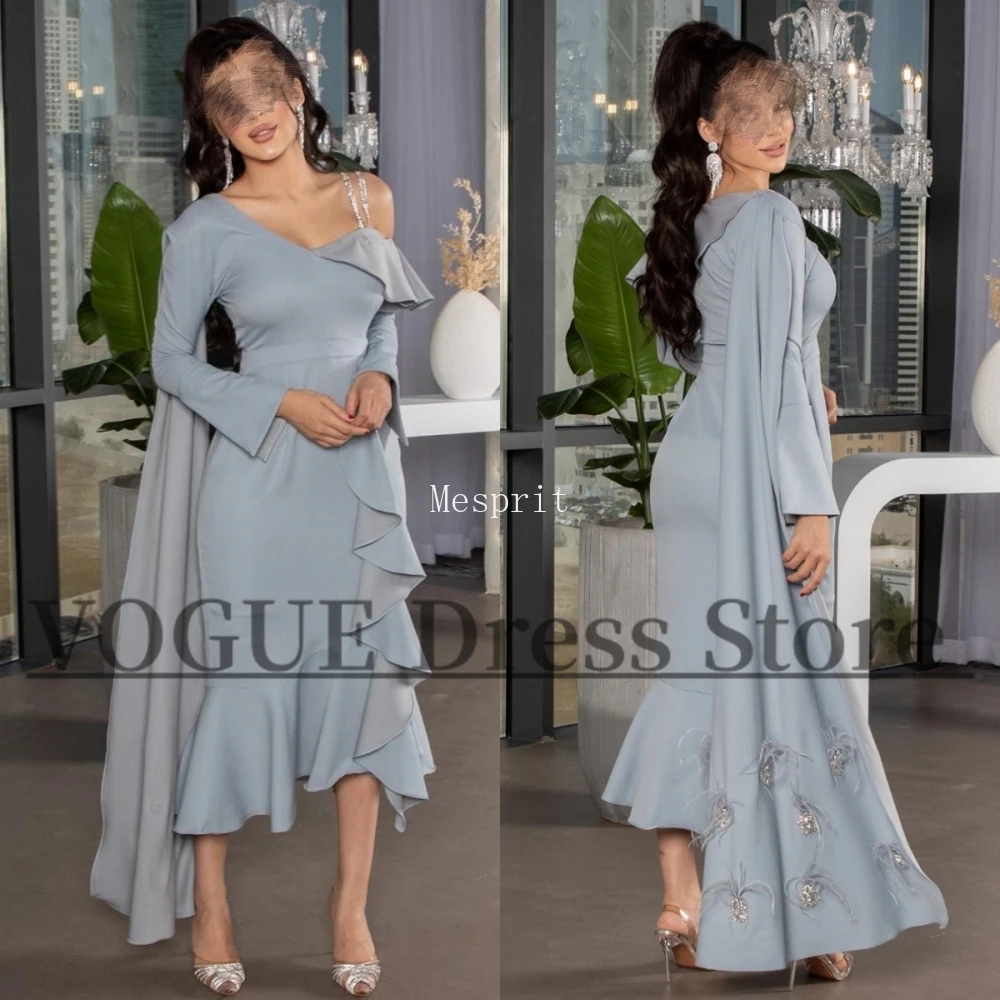 

VD Full Sleeves Evening Dresses for Women Elegant Ruched Trumpet Formal Dress for Musilm Midi Satin V-Neck فستان حفلات الزفاف