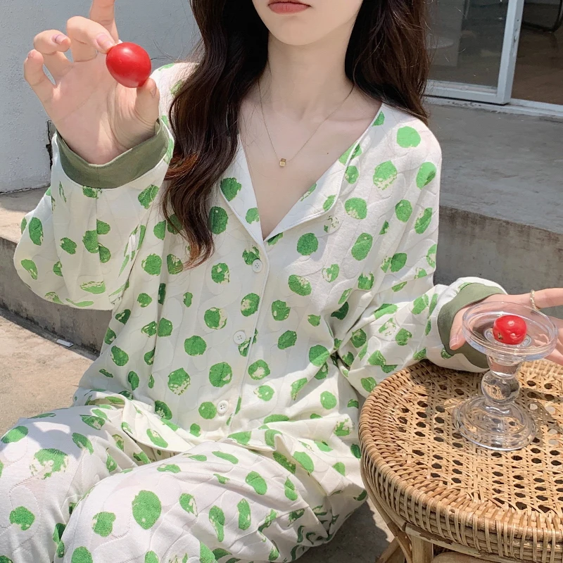 CAIYIER New Winter Women Jacquard Pattern Nightwear Korean Kawaii Love Sleepwear Long Sleeve Pijama Mujur Sexy Feamle Homewear