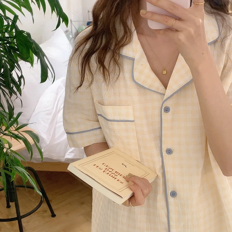 Korea Fashion Sleepwear New Summer Casual Comfortable Pajama Plaid Short-sleeved Shorts Suits Pajamas Women Home Wear Sets