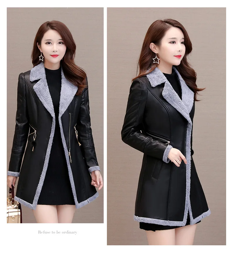 Women Faux Leather Windbreaker Plus Velvet Thick PU Leather Woollen Overcoat V Collar Large Size Fashion Warm Leather Jacket