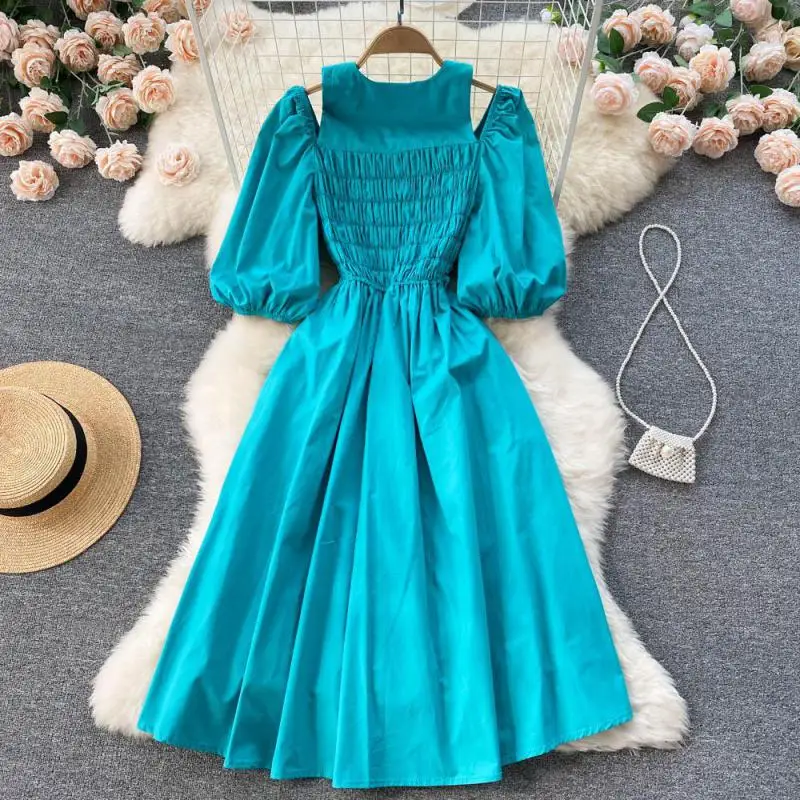 

WEIHAOBANG 2022 Spring Summer New Women Puff Sleeve Solid Colour Casual Dresses Ladys Short Sleeve High Waist Slim Dress