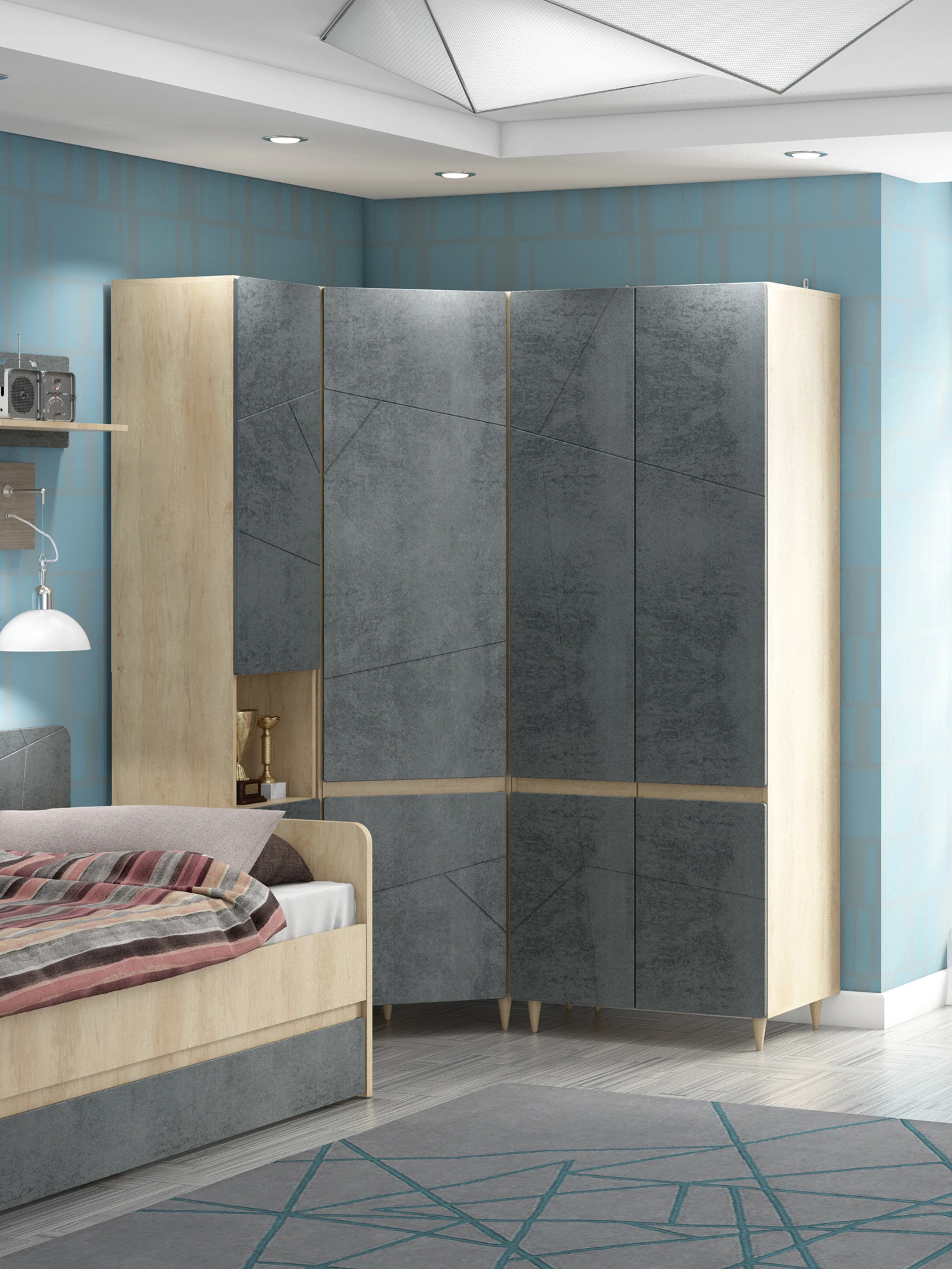 Угловой шкаф Beneli Kyoto Concrete Dark/Oak Nebraska Furniture для гостиной комнаты, консольный стеллаж для хранения, деревянный комод.