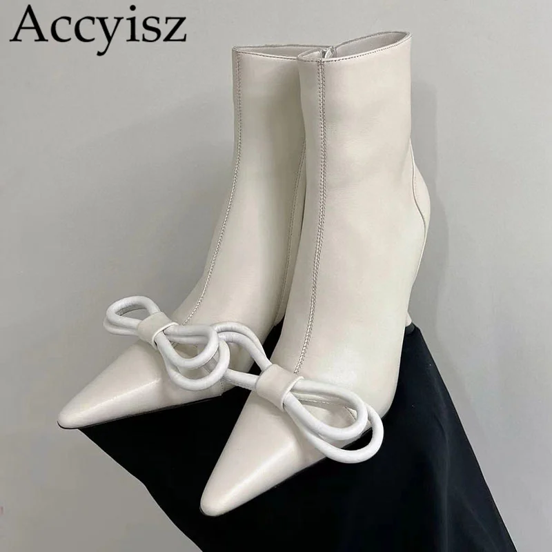 

Ботинки Челси женские на тонком высоком каблуке, натуральная кожа, заостренный носок, узел-бабочка, короткие сапоги, боковая молния, Модные ботильоны