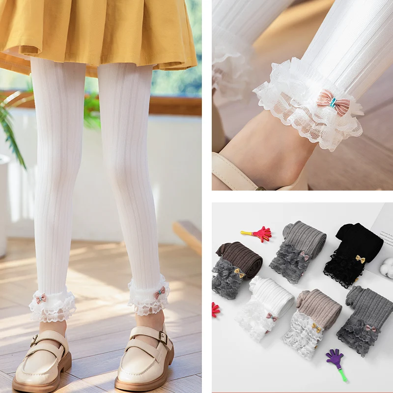 

3-12Year girl double-layer big lace cropped trousers summer thin Breathable cotton child legging kawaii bow-knot baby kids pants