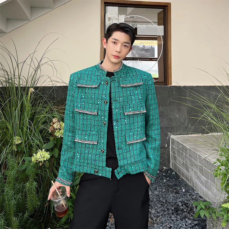 

Куртка мужская твидовая с блестками, короткий пиджак свободного покроя, с карманами, в винтажном Корейском стиле, Повседневная Уличная одежда, французская мода