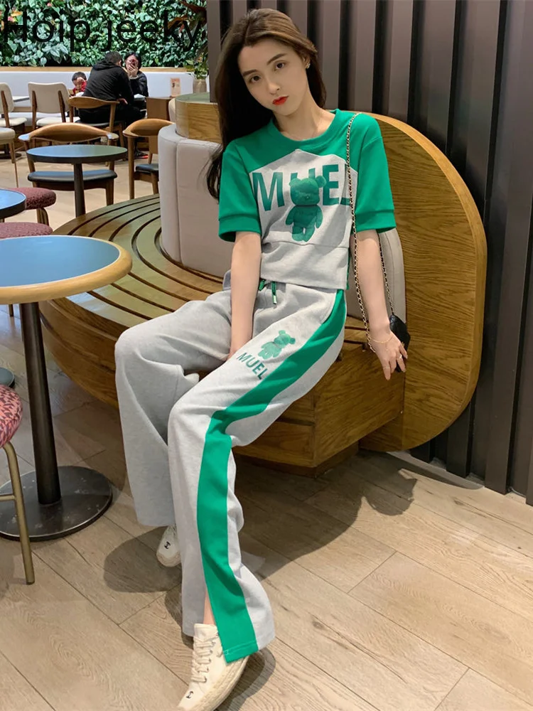

Hoip Jeeky Leisure Sports Suit Women Summer New Sportswear Short Top ＋ High Waist Wide-Leg Pants Two-Piece Fitness Exercise Set