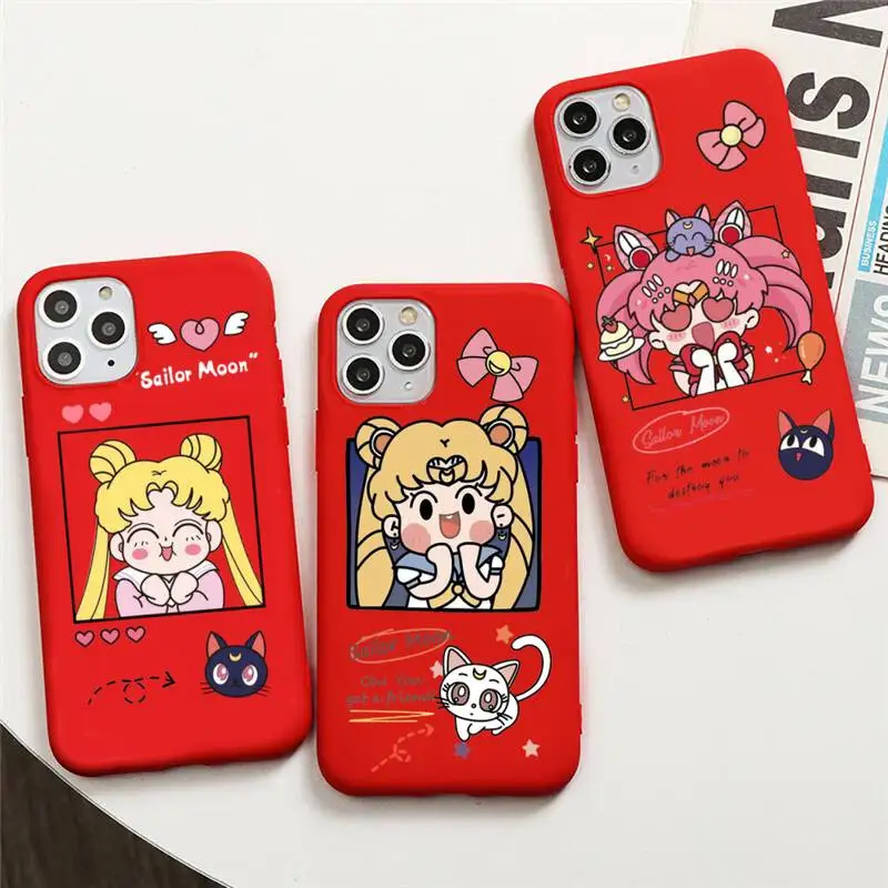 

Cute Beautiful Girl Sailor Moon Phone Case For iphone 13 12 11 Pro Max Mini XS 8 7 6 6S Plus X SE 2020 XR Red Cover