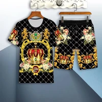 new 3d gold crown stitching mens round neck t shirt suit fashion mens womens t shirt shorts sportswear two pieces outfit