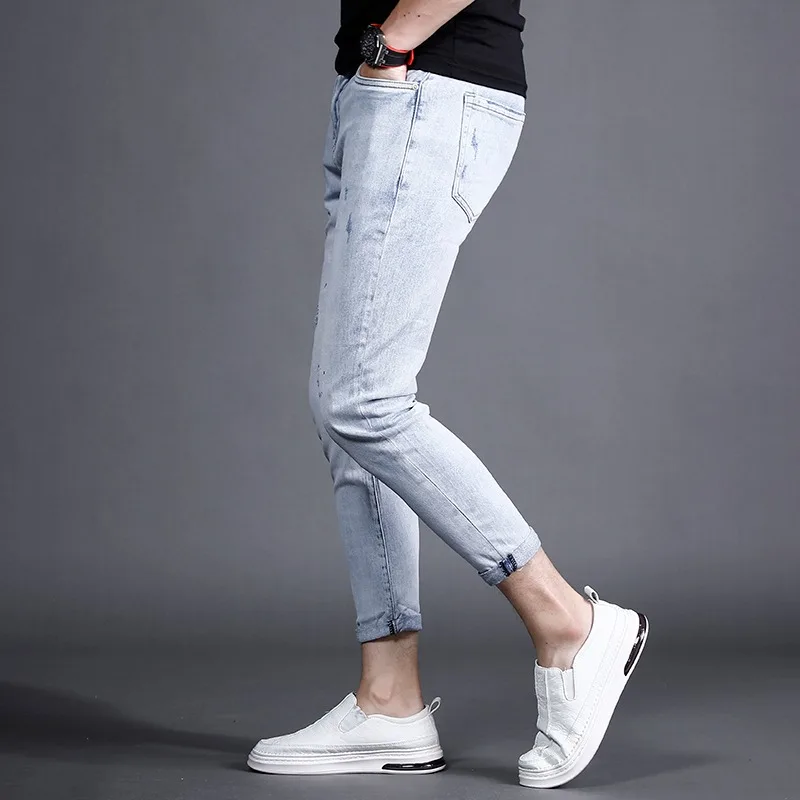 Summer Jeans Men Light Blue Ankle-Length Pants Ripped Patch Jean Streetwear Fashion Lightweight Slim Fit Denim Trousers