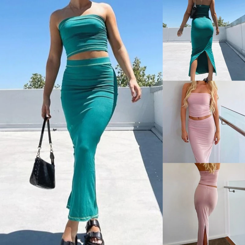 

Sexy Elegant Y2k Split Midi Skirt Sets Women Summer Beach Off Shoulder Tube Tops And Long Dress Set Party Clubwear