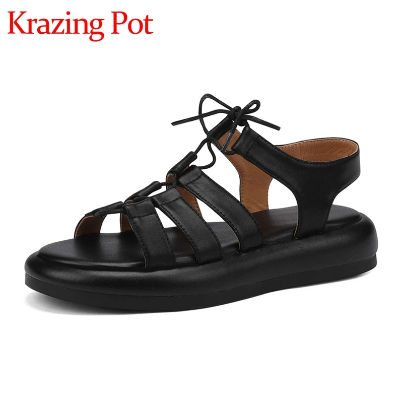 

Krazing Pot genuine leather peep toe med heel beauty lady daily wear leisure comfortable lace up basic brand women sandals L09
