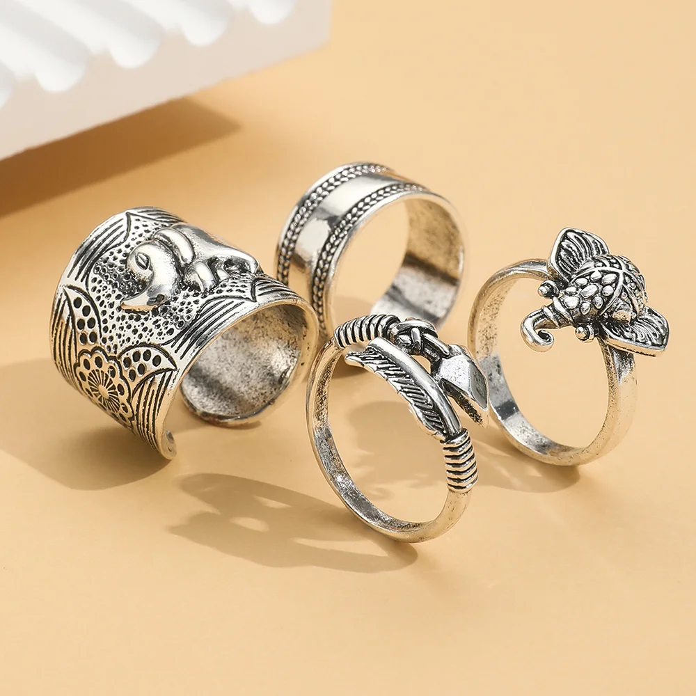 Aprilwell 4Pcs Ethnic Elephant Rings Set for Women Silver Color Vintage Animal Stamp Faith Opening Anillos Jewelry Bague Gadgets images - 6