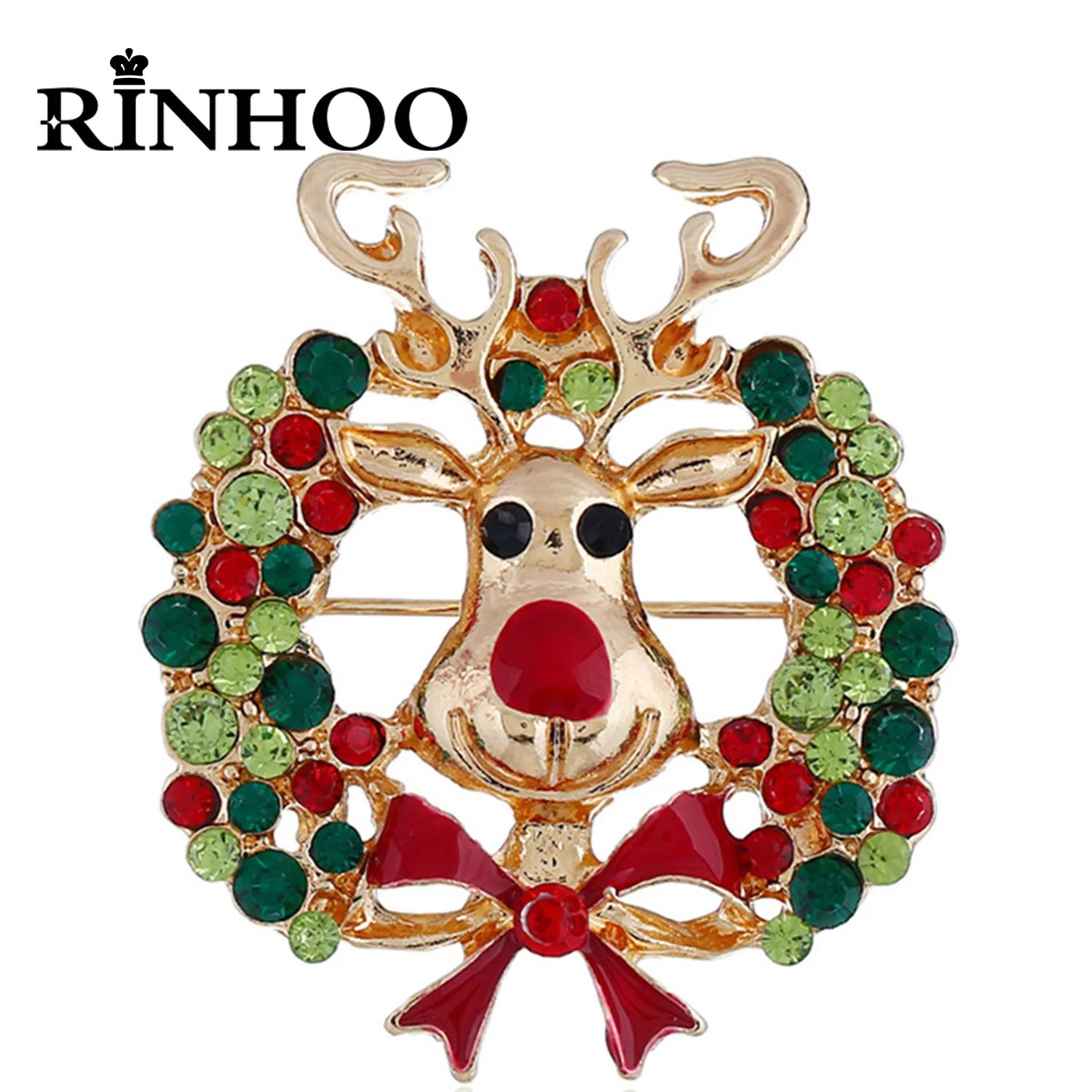 Rinhoo изысканные зеленые красные стразы венок Олень Эмаль Броши милая