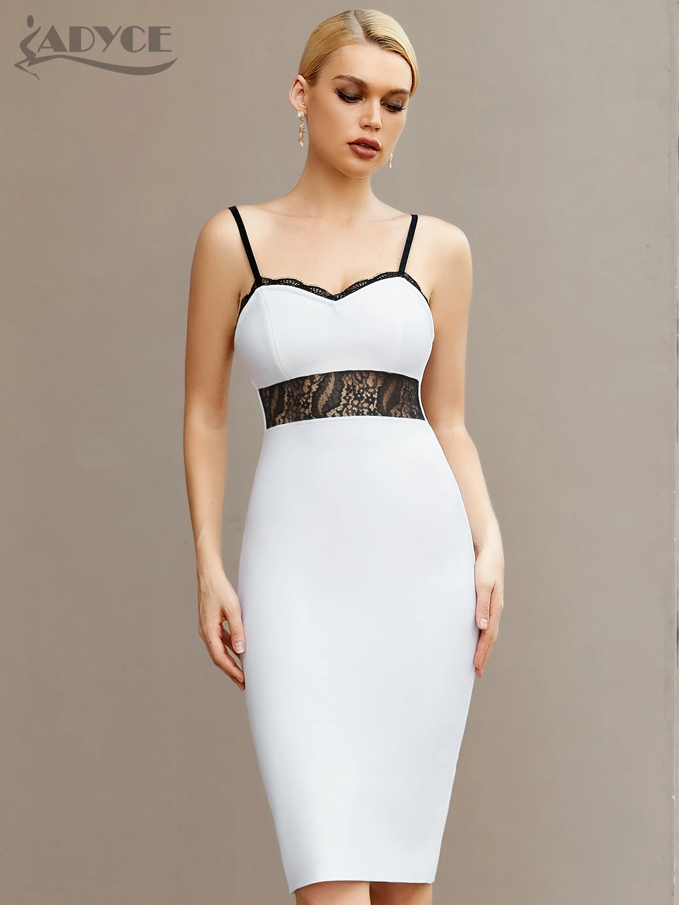 

Adyce 2022 New Summer Lace White Spaghetti Strap Midi Bandage Dress For Women Sexy Sleeveless Club Celebrity Runway Party Dress