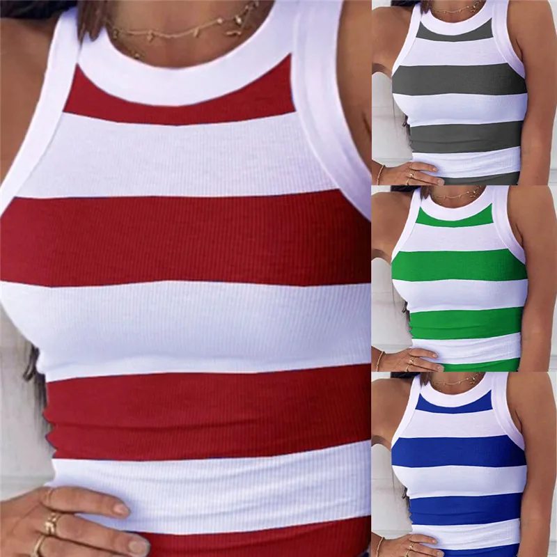 

Striped Halter Top Summer Sleeveless Blouses Shirt Women Streetwear Blusa Feminina Summer Colorblock Contra