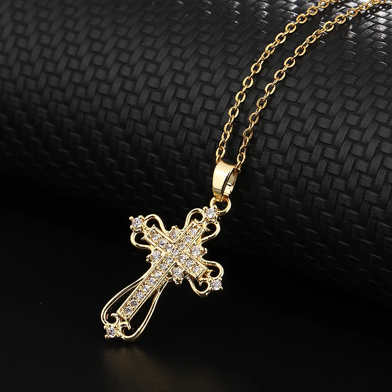 Vintage Luxury Crystal Cross Necklace Gold Retro Collier Croix Necklaces	for Women Collares Pendants Jewelry Cadena Accessoires images - 6