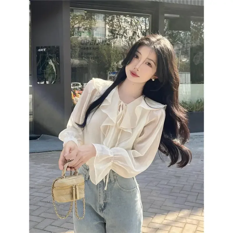 Женская блузка со складками однотонная свободная длинная универсальная с