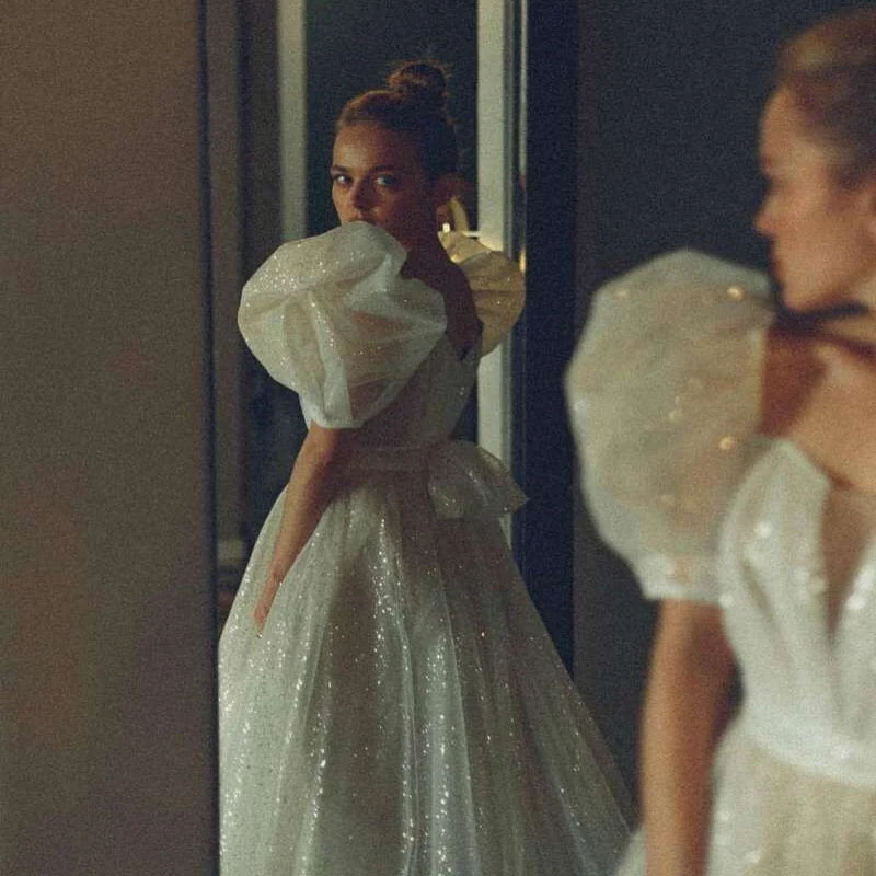 

VIKTORIA Shiny Glitter For Women Wedding Dress With Puff Short Sleeve Vintage 2022 Elegant Boho Bridal Gown Princess Custom Made