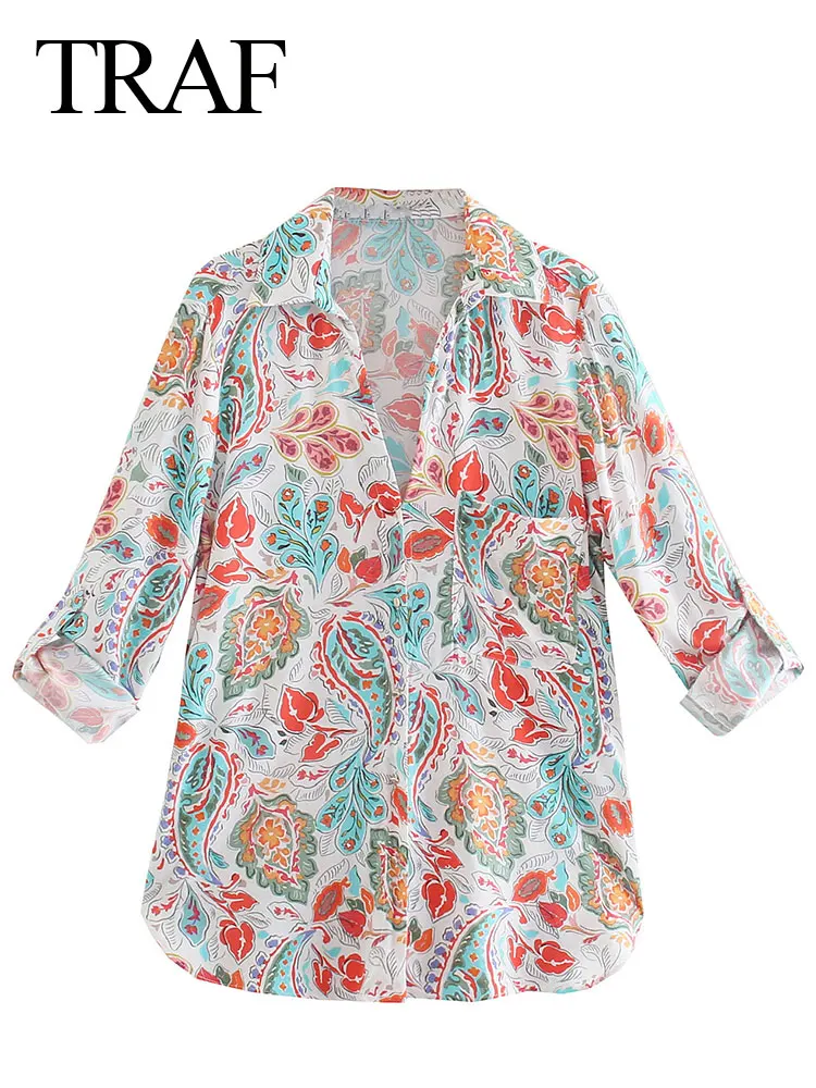 

TRAF 2022 Fashion New Printed Shirts Vintage Lapel Single Breasted Casual Loose Long Sleeve Chic Blouse Women Spring Autumn