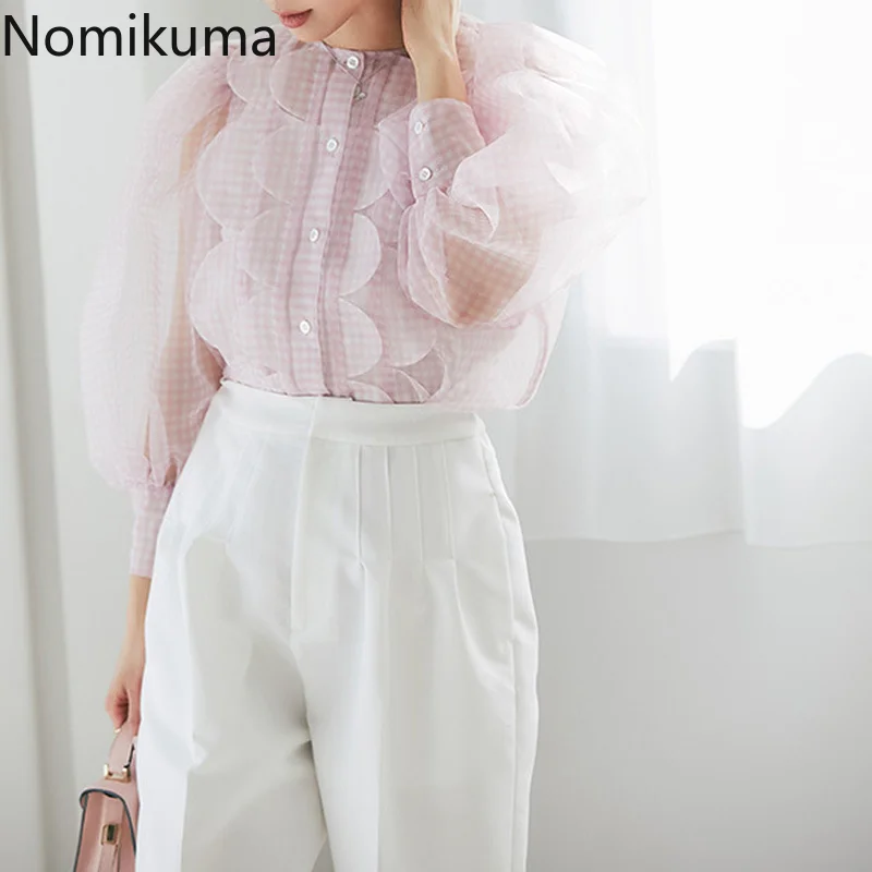 

Nomikuma Chemise Femme Summer Puff Sleeve Plaid Loose Thin Hollow Out Tops Women 2022 Japanese Vintage Sweet Fashion Chemises