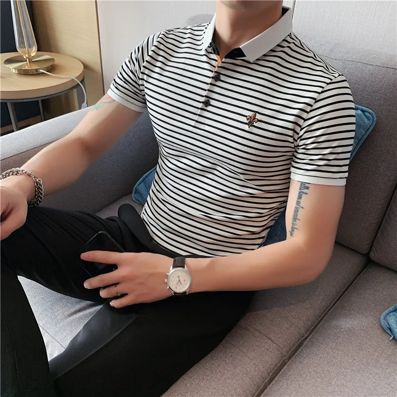 

Mens Short Sleeve Polo Shirt 2022 Summer New Striped Slim Fit Simple Fashion Embroidered Casual Polo Homme Lapel T-shirt Male