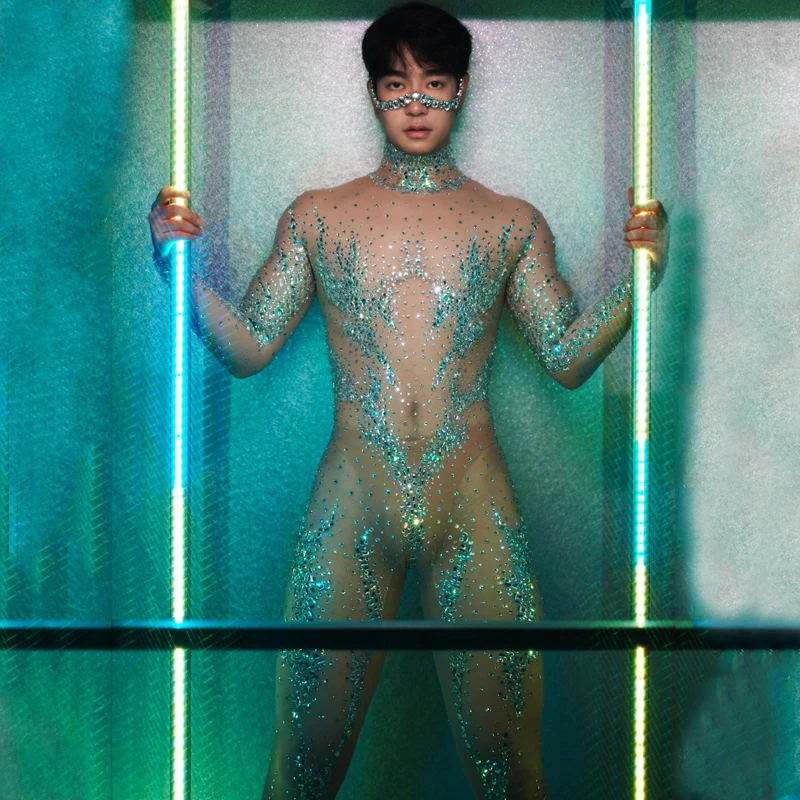 

Men Sexy Pole Gogo Dancer Costume Women Singer Party Leotard Festival Outfit Full Rhinetsones Elastic Perspective Jumpsuit