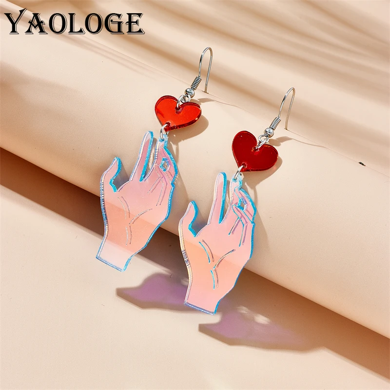 

YAOLOGE Creative Dazzling Mirror Heart Palm Dangle Earrings For Women Girl Fashion New Trendy Laser Acrylic Jewelry Gift Party