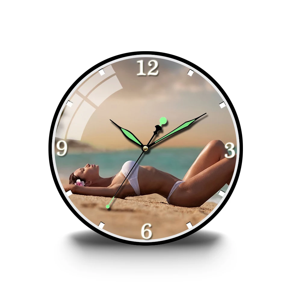 

Sexy Beautiful Woman In Bikini Lying On The Beach Acrylic Hanging Watch Silent Movement Wall Clock Large Size Home Decoration