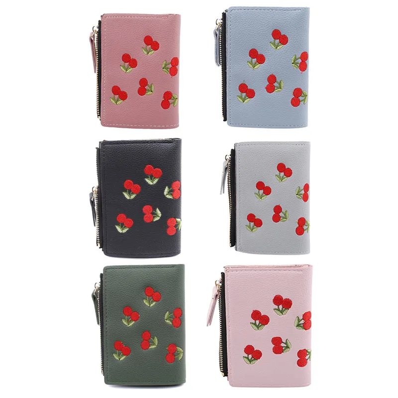

Women Short Wallet PU Leather Cherry Embroidery Small Coin Purse Female Card Holders Girl Mini Money Bag