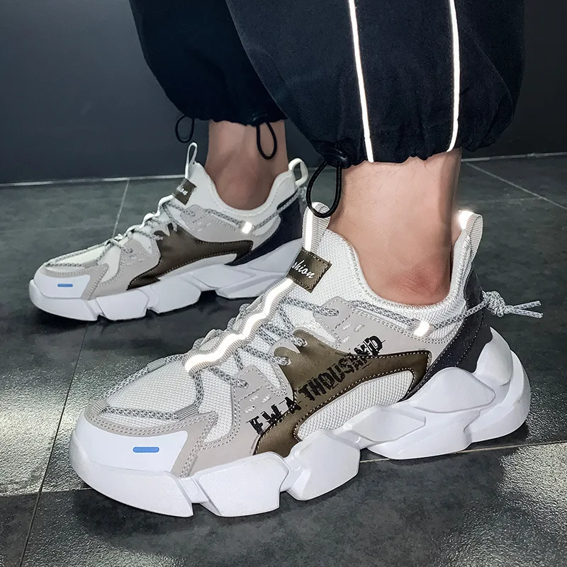 

Men Running Shoes Spring New Platform Reflective Old Shoes Color Matching Trend Sneakers Lace-up Breathable Men Casual Footwear