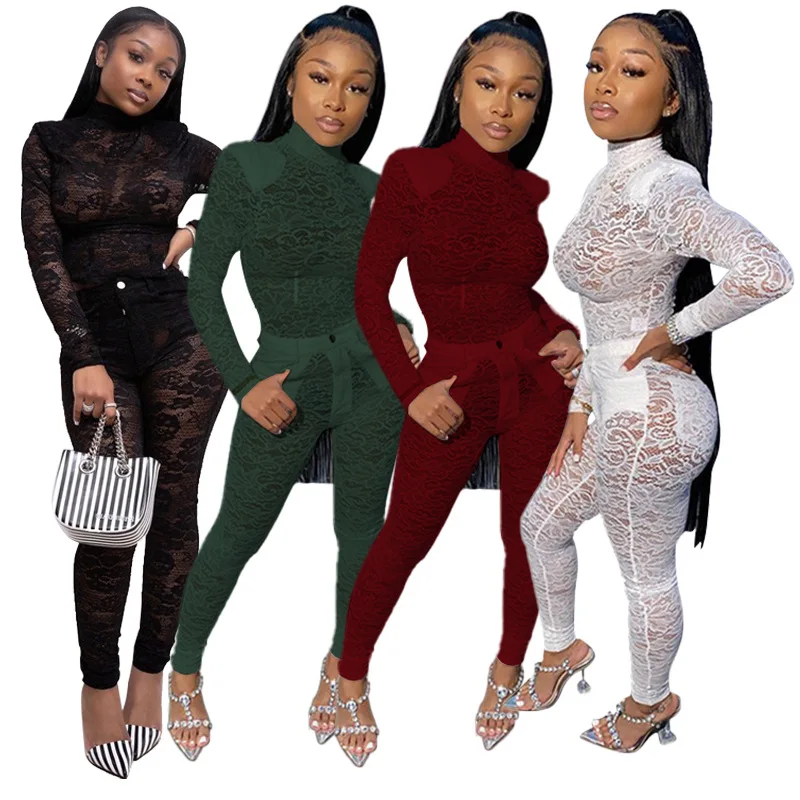 

Fitness Women Sets Turtleneck Full Sleeve Lace Bodysuit + Pants Suit 2 Piece Set Lace Sexy See Through Club Tracksuits Outfits