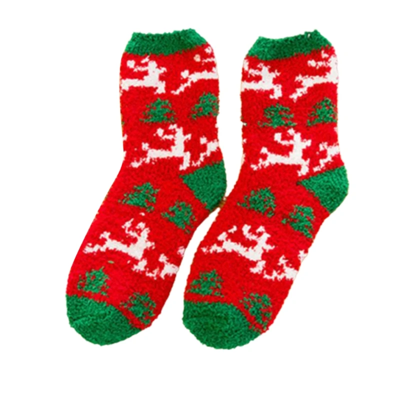 

Women Christmas Fuzzy Warm Crew Socks Cute Xmas Tree Elk Santa Snowflake Pattern Holiday Fluffy Coral Fleece Floor Slipper Xmas