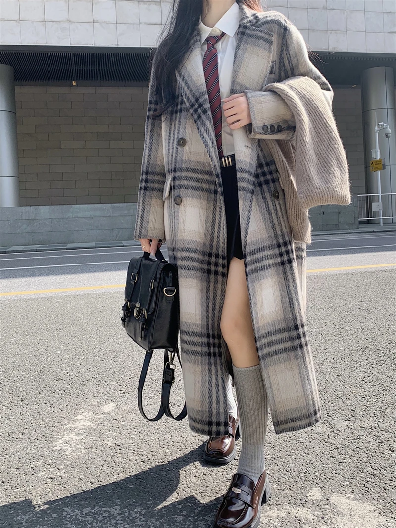 

Женское длинное двухстороннее кашемировое пальто, винтажное пальто с отложным воротником и длинным рукавом, свободное клетчатое пальто, Теплые Топы, Осень-зима 2023