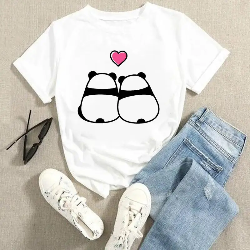 

Футболка женская с рисунком панды, милый топ с коротким рукавом, модная одежда с мультяшным принтом, на лето