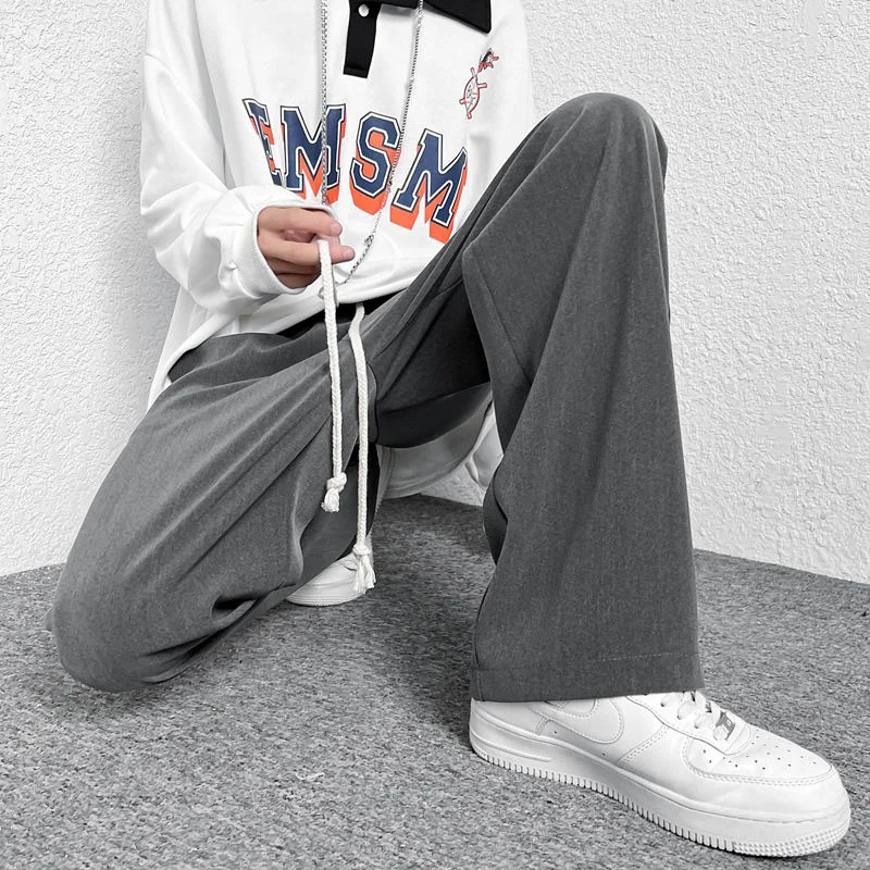 

Hybskr Men's Straight Wide Leg Harajuku Casual Pants Drawstring Designer Brand Streetwear Gray Suit Pant Male Casual Trousers