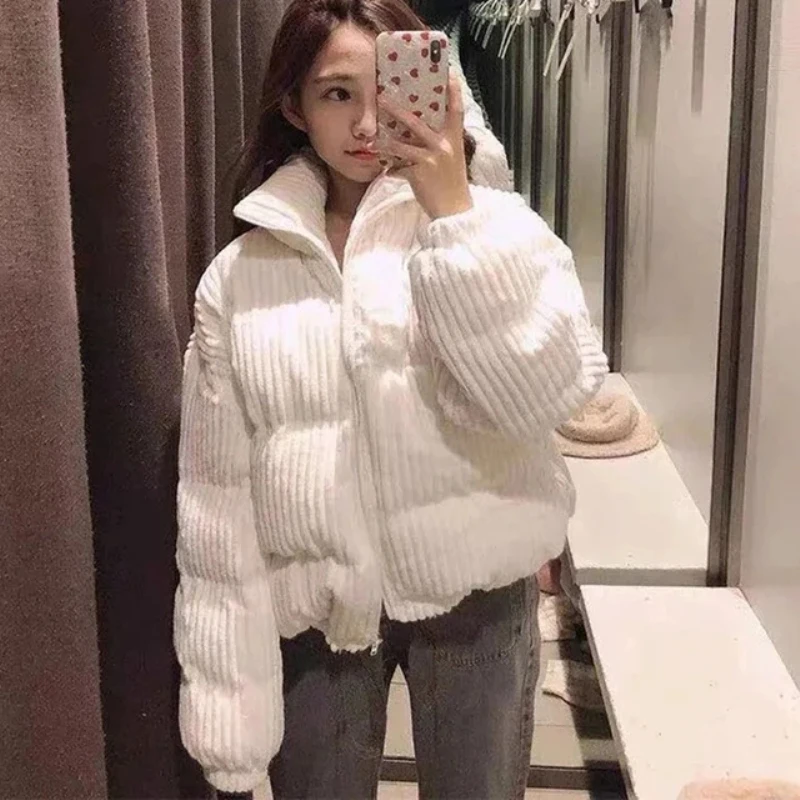 Trendy Winter Thick Corduroy Coat Women Korean Style Stand Collar Warm Cotton-Padded Jacket Female Zip Up Short Parkas