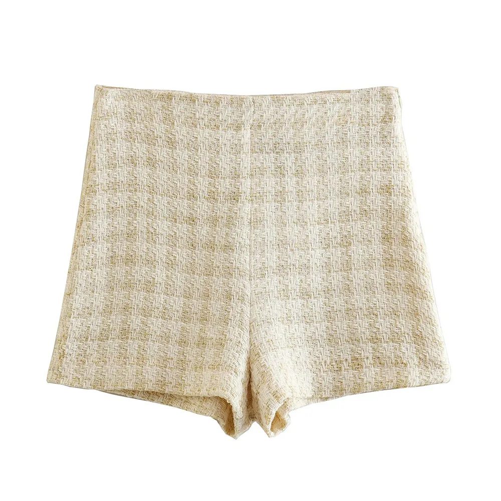 

Women's 2023 Spring New Fashion Checker Textured Slim Fit Shorts Vintage High Waist Side Zipper chic Female Shorts
