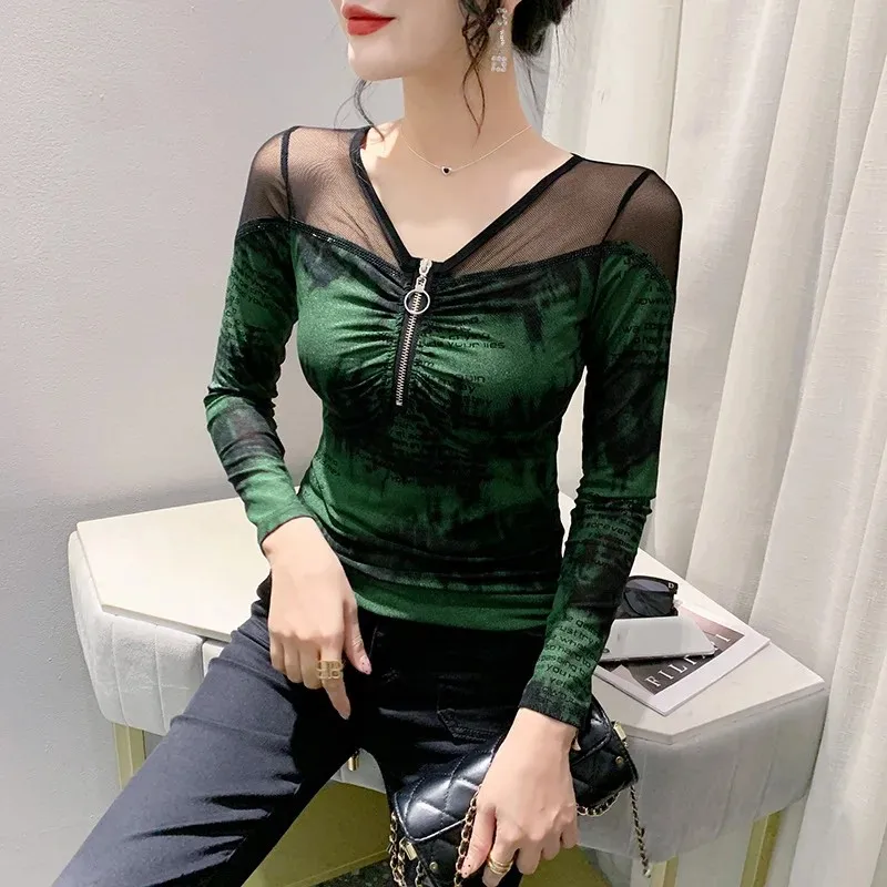 Модная облегающая футболка с круглым вырезом и полой лоскутной сеткой женская