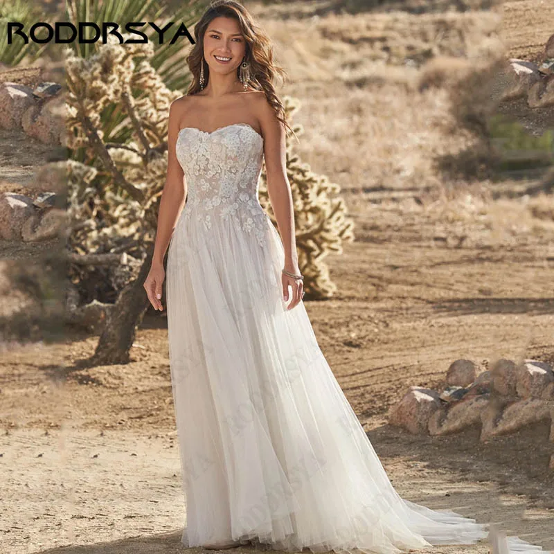 

RODDRSYA Sweetheart Tulle A-Line Wedding Dress For Women Lace Appliques Sleeveless Bride Gowns Backless Buttons Vestido De Novia