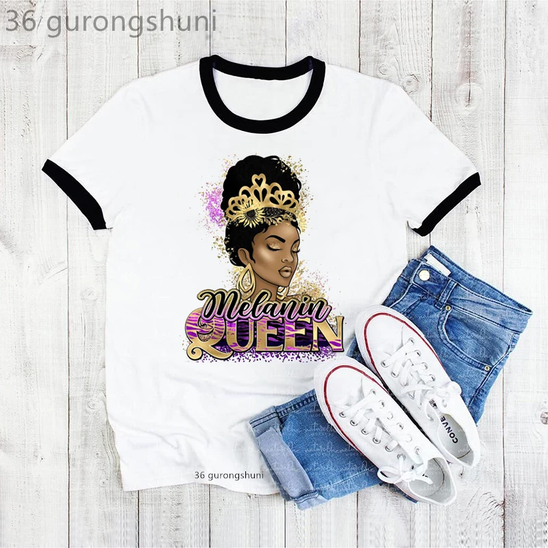 Golden Melanin Queen Graphic Print Tshirt Women Black Girl Magic Makeup T Shirt Femme Harajuku Shirt Summer Fashion Tops Tee