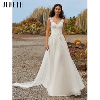 bohemian simple a line wedding dresses 2022 v neck sleeveless lace applique sweep train for women weeding gowns sashes custom