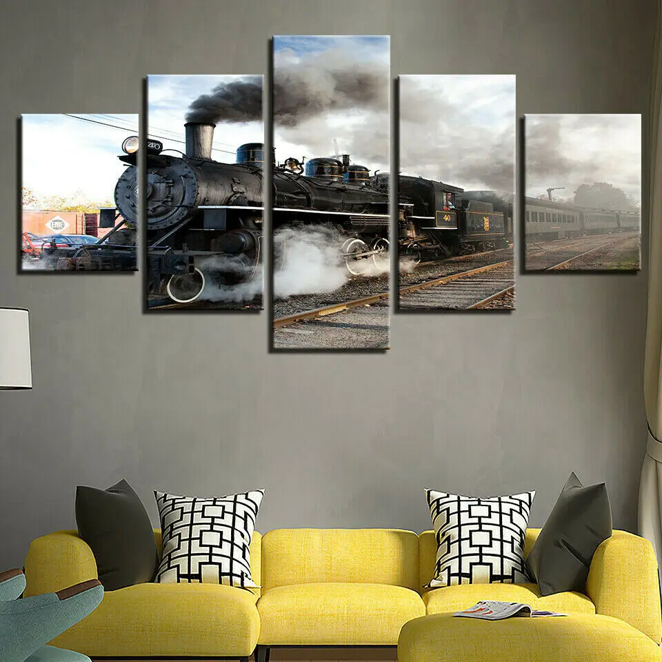 

Locomotive Steam Train Engine Poster 5 Panel Canvas Print Wall Art Home Decor HD Print Pictures No Framed 5 Piece Room Decor