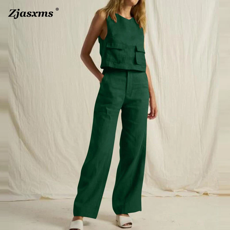 

Женский офисный костюм из топа без рукавов и брюк с карманами, однотонный комплект из двух предметов из хлопка и льна, лето 2023