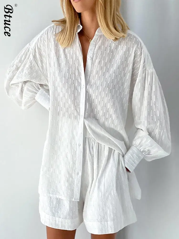 

White Shorts Sets 2 Piece Sets Women Jacquard Fabric Lantern Sleeve Loose Shirt And Shorts Suits 2022 Summer Female Outfits