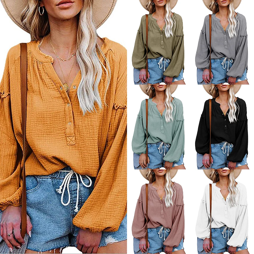 

Women's V-Neck Blouses Solid Color Spring Autumn Lantern Long Sleeve Ladies T-shrit 2022 Fashion New Ethnic Style Pullover Tops