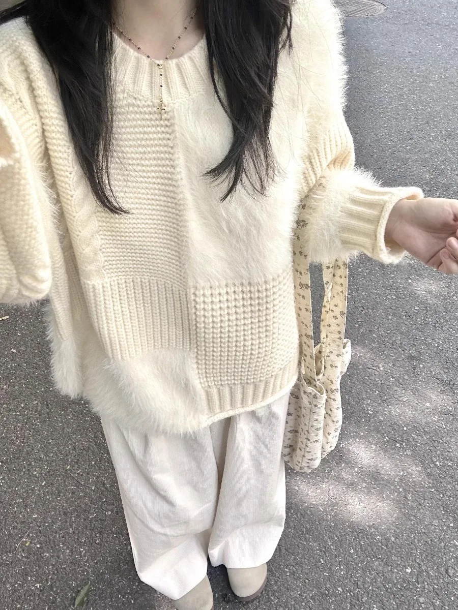 Французский белый лоскутный норковый бархатный вязаный свитер женский